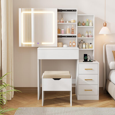 Vanity Desk with Sliding Mirror and Lights, Modern Makeup Vanity Table with 4 Drawers and 7 Storage Shelves, Dressing Table with Stool and Charging St