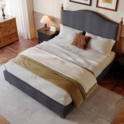 Latitude Run Bed Frame with High Headboard Upholstered Teddy Velvet Platform Bedframe Bedframe