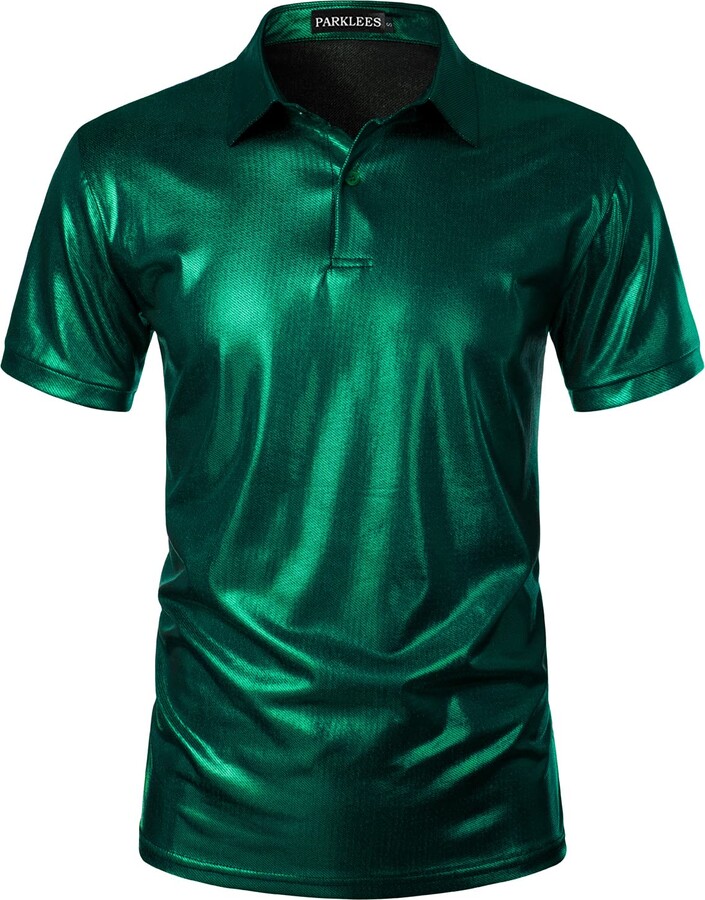 PARKLEES Mens Shiny Metallic Gold Sequins Short Sleeve Polo Shirt for 70s  Disco Nightclub Party Emerald M - ShopStyle