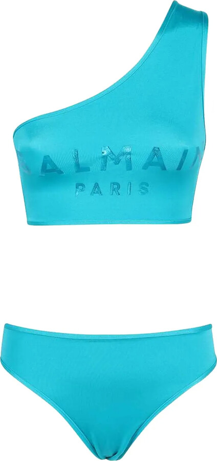 Balmain Logo-Print One-Shoulder Bikini