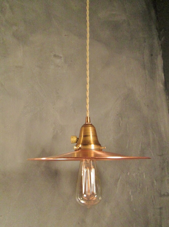 Etsy Industrial Lighting - Vintage Hanging Light With Flat Copper Shade Machine Age Minimalist Bare Bulb Pendant Lamp Steampunk Swag
