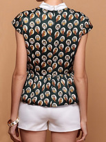 Thumbnail for your product : Choies Green Owl Print Short Sleeve Shirt Collar Blouse With White Short Pants