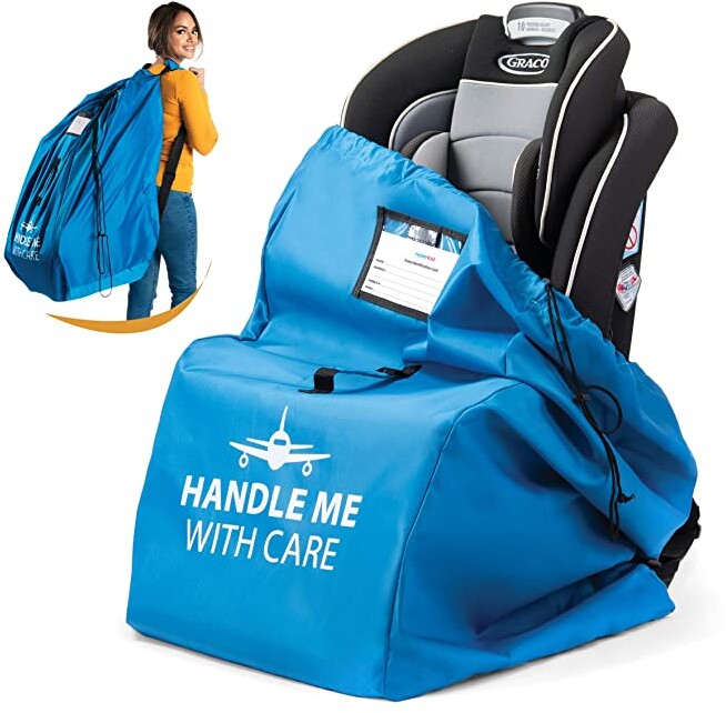 Car Seat Travel Bag for Airplane. Bonus E-Book. Safe & Secure. Pouch and Backpack Easy to Carry | Ideal Airplane Gate Check Bag for Car Seats & Booster | Universal Size
