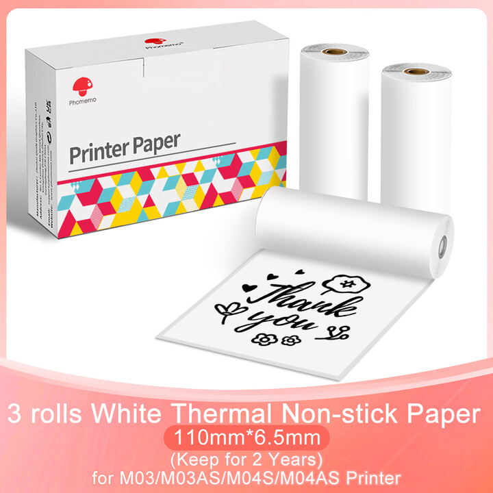 Bekhuz Thermal Paper Compatible With Phomemo M03AS/M04S/M04AS Mini Portable Pocket Printer Transparent White Self-Adhesive Paper 117mm
