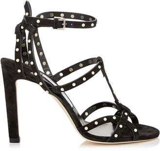 Jimmy Choo BEVERLY 100 Black Suede Sandals with Pearl Detailing