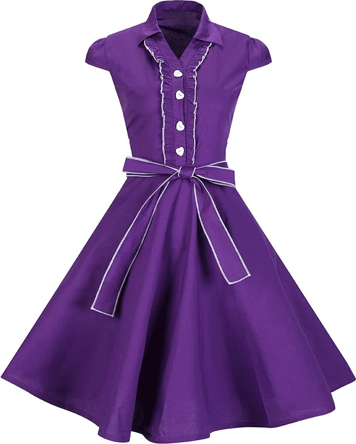 Lolichy Women 1950s Vintage Style Belted Collared Dress Retro Swing