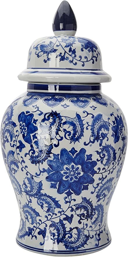 Oriental Furniture 18" Floral Blue & White Porcelain Temple Jar