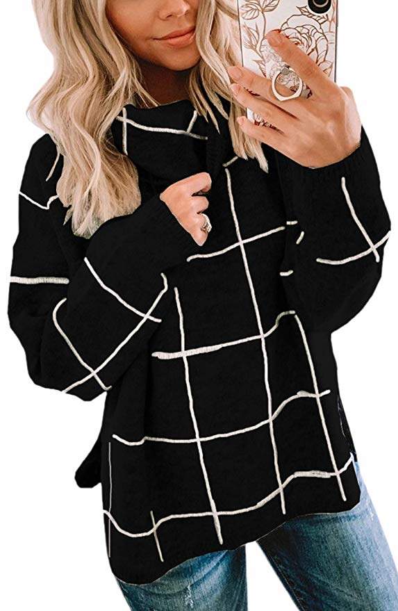 ECOWISH Women Pullover Sweater Turtleneck Plaid Long Sleeve Loose Casual Chunky Checked Knitted Winter Sweaters Jumper Tops