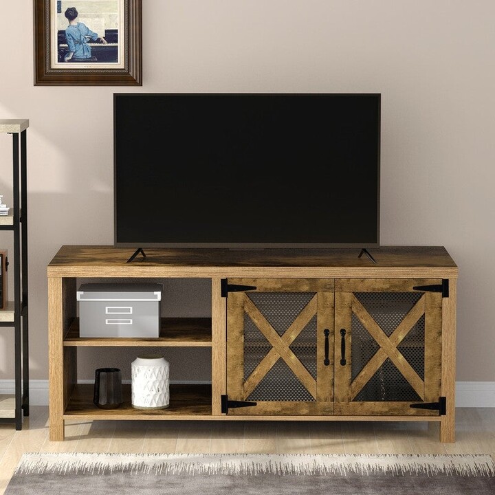 Garhelper Rustic Wood TV Stand for TVs up to 50 Inches,Farmhouse TV Stand Style Media Console Stand Entertainment Center Television Table with 2 Soundbar Doors &2 Open Center Compartments,Natural 