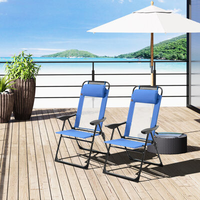 Arlmont & Co. 2 Folding Patio Chairs In Blue With Adjustable Sling And Removable For Outdoor Garden Lawn Use Back Outdoor Garden Areas