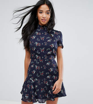 Fashion Union Petite Tea Dress With High Neck In Vintage Floral