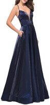 Thumbnail for your product : La Femme V-Neck Strappy-Back A-Line Satin Gown