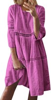 Thumbnail for your product : Your New Look Women's Plain Color 3/4 Sleeve Eyelet Boho Loose Fit Midi Dress Casual Crew Neck Bohemian Dress for Summer Daily Vacation Beach Blue