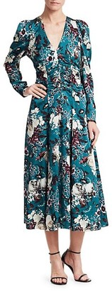 Erdem Annalee Ruched Bodice Puff Shoulder Floral Midi Dress