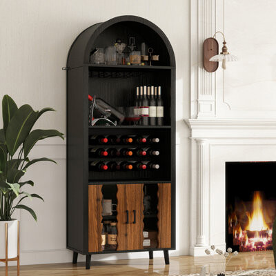 Lark Manor Farmhouse Arched Wine Bar Cabinet: Tall Display with Wine Rack and Glass Holder for Living and Dining Rooms