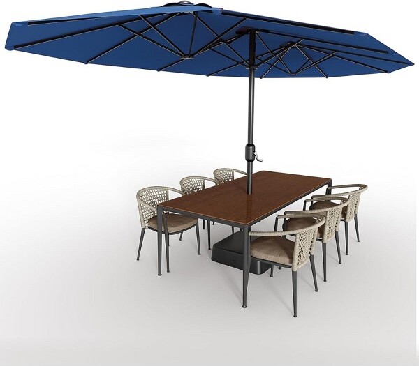 TackView15FTLargePatioUmbrellawithBaseIncludedDouble-SidedRectangleMarketUmbrellawithCrossBaseandSandbagforPoolGardenNavyBlue