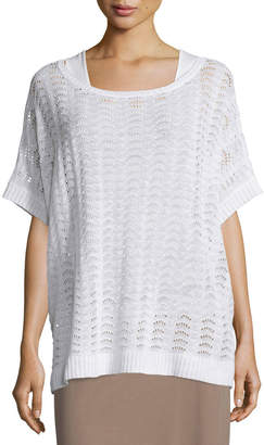 Joan Vass Short-Sleeve Scalloped Easy Sweater, White, Plus Size