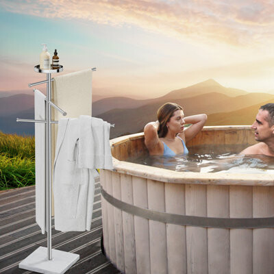 Kes 59 Inch Outdoor Towel Rack With Weighted Base 18/8 Stainless Steel With Adjustable 3 Arms, Storage Tray & 6 Towel Clips