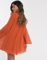 Thumbnail for your product : ASOS DESIGN DESIGN pleated trapeze mini dress with fluted sleeve in rust