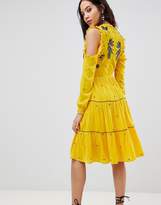 Thumbnail for your product : Frock And Frill Tall Cold Shoulder Velvet Smock Dress With Floral Embroidery
