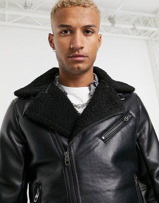 Bershka faux leather avaitor jacket with fleece lining in black