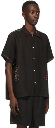 Bode SSENSE Exclusive Black Linen Embroidery Short Sleeve Shirt