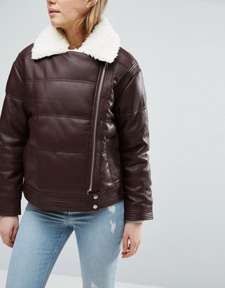 ASOS Leather Look Padded Jacket with Aviator Styling and Borg Liner