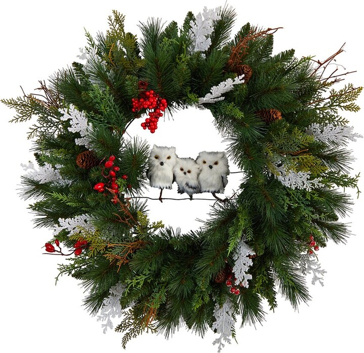 Nearly Natural 24In Holiday Winter Owl Family Pinecone Berry Wreath