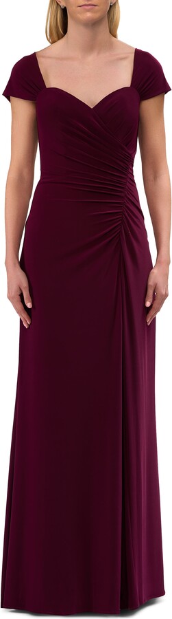 La Femme Jersey Evening Dress with Cap Sleeves and Ruching