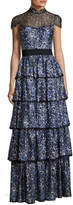 Thumbnail for your product : Alice + Olivia McKee Mock-Neck Tiered Printed Satin Maxi Dress w/ Lace
