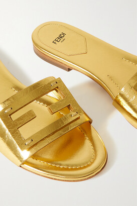 Fendi Cutout Metallic Leather Slides - Gold