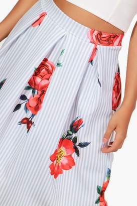boohoo Petite Amy Striped Floral Pleat Midi Skirt