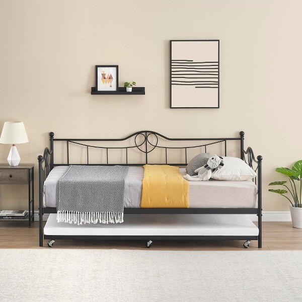 Fulvari ModernTwinDaybedwithTrundleandBackrestBlackMetalSofaBedFramewithSteelSlatSupportTWINblack