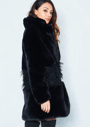 Missy Empire Florence Black Faux Fur Shaggy Detail Coat