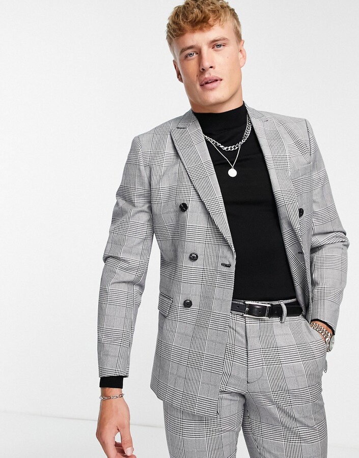 Jack and Jones relaxed fit double breasted suit jacket in heritage plaid -  ShopStyle