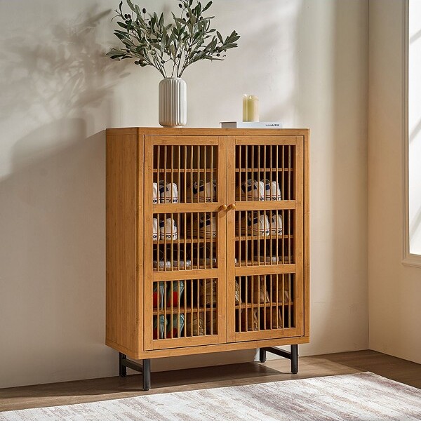 CAVINAS LLC CAVINAS6-TierWoodenShoeRackCabinetwithAdjustableShelvesShutterDoorShoeOrganizerforHallwayCloset&EntrywayWalnut