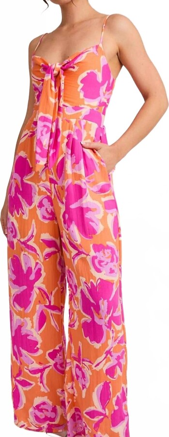 Gilli Summer Fling Front Tie Floral Jumpsuit In Orange - Lavender Floral