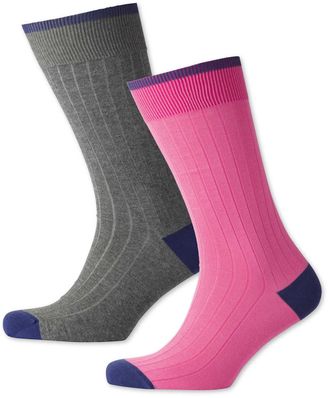 Charles Tyrwhitt Pink and Grey Ribbed 2 Pack Socks Size Medium