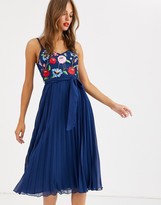 Thumbnail for your product : ASOS DESIGN embroidered pleated cami midi dress