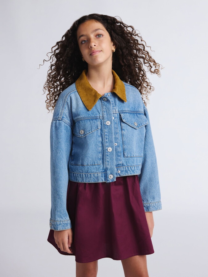 Weekend Academy Girls Denim Workwear Jacket with Corduroy Collar, Sizes 4-18