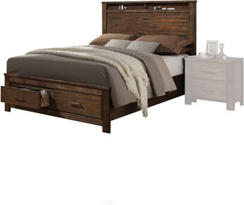 Lark Manor Merrilee Oak Finish Queen Bed With Storage, Panel Headboard, And Low Profile Footboard For Modern Bedrooms
