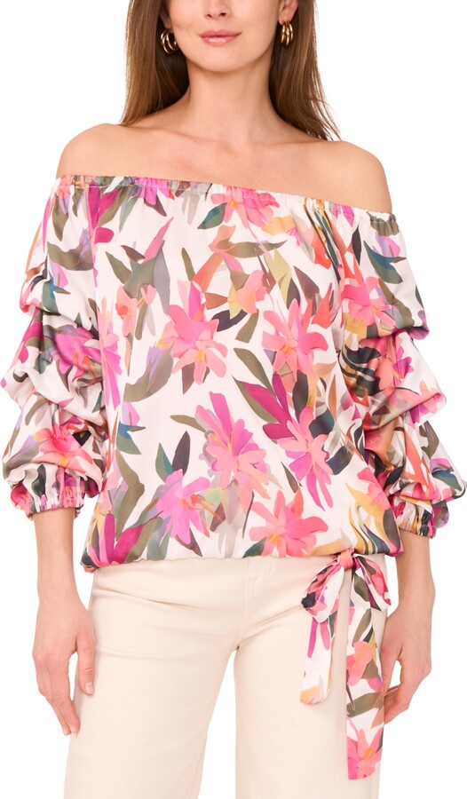 Vince Camuto Women's Floral Off-The-Shoulder Bubble 3/4-Sleeve Tie-Front Blouse
