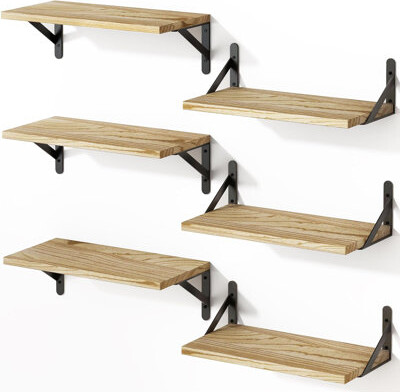 17 Stories Floating Shelves For Wall - Set Of 6 Wooden Wall Mounted Shelves For Farmhouse Decor, Sturdy Storage Solution For Bedroom, Bathroom, Living Room And K
