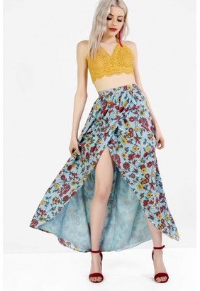 Glamorous Blue Floral Print Wrap Front Maxi Skirt