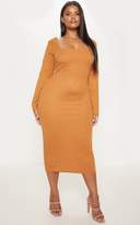 Thumbnail for your product : PrettyLittleThing Plus Chocolate Brown Ribbed Square Neck Long Sleeve Midi Dress