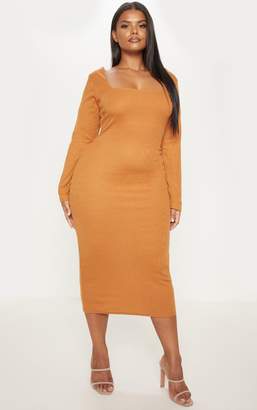 PrettyLittleThing Plus Chocolate Brown Ribbed Square Neck Long Sleeve Midi Dress