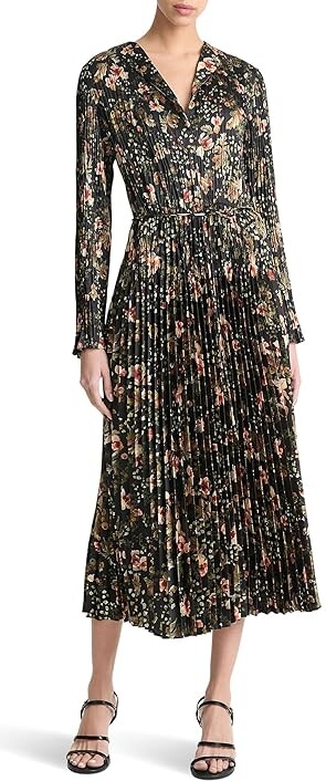 Vince Orchid Vine Pleated Long Sleeve Dress Women's Dress Black Night : XL, Polyester/Satin