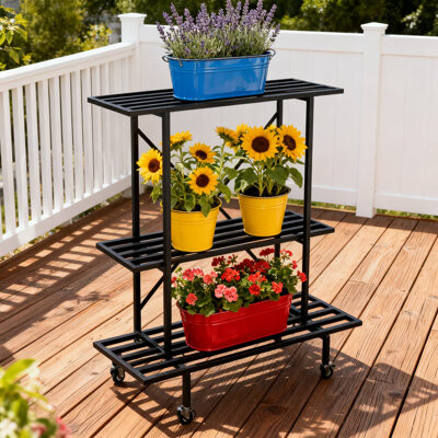 17 Stories Heavy Duty 3-Tier Metal Plant Stand With Wheels 660 Lbs Capacity Space Saving Indoor Outdoor Rolling Plant Shelf For Living Room Balcony Garden