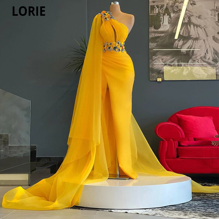 LORIE High Quality Yellow Prom Dress One Shoulder Appliques Slit Tulle Plus Size Women Long Formal Evening Party Elegant Gowns