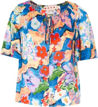 Marni Floral Printed Gathered Tie Neck Blouse